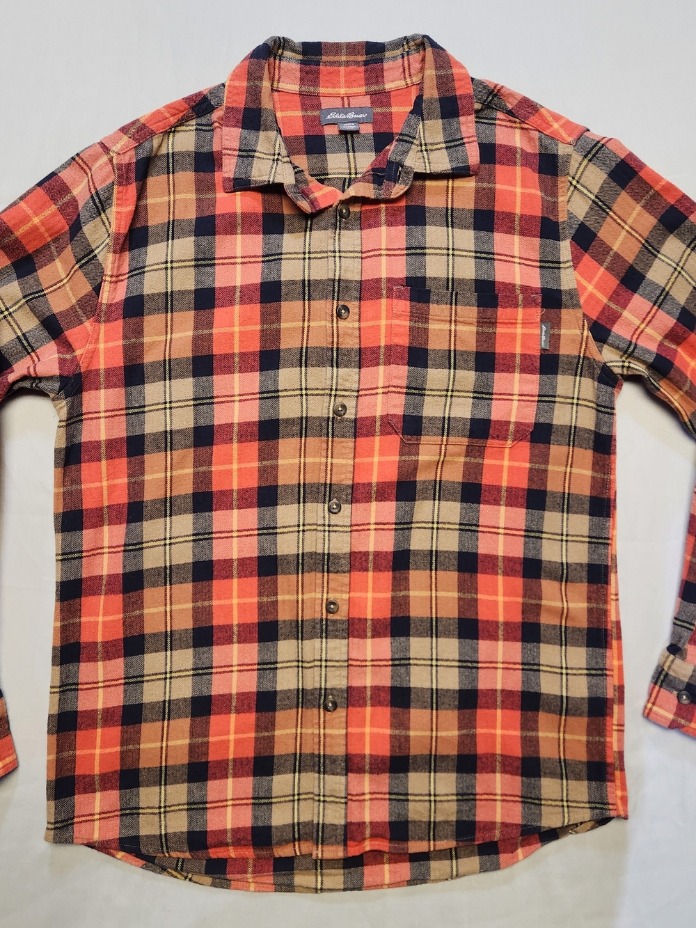 Eddie Bauer Men's Medium Long Sleeve Flannel Button Shirt Orange Plaid Gorpcore